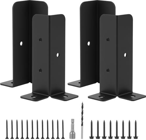 ZONJIE 4 PCS Fence Post Supports Adjustable Fence Post Supports Deck Post Anchor Base Brackets Black Thick Fence Post Support Fence Pergola Post Base Brackets Kit for Pergola, Railing, Mailbox Mount