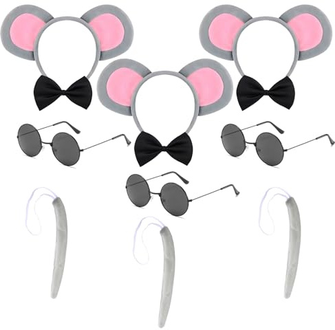 Maazusa Mouse Costume Accessories 12Pcs Mouse Ears Headband Tail Decoration Bow Tie Black Glasses, Mouse Cosplay Adult Outfit Accessories for World Book Day Carnival Party