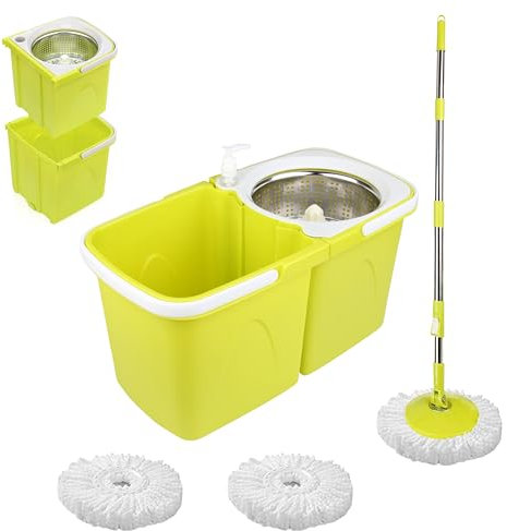 ARSUK Set Mop e Secchio con 2 Testine in Microfibra – 360° Mocio Rotante con Strizzatore – Manico Telescopico Regolabile in Acciaio – Mocio Lavapavimenti Professionale per Tutti i Tipi di Pavimento