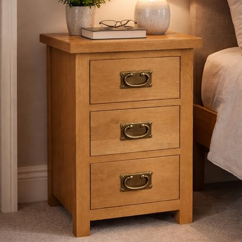 Home Furniture Group Ltd Oakcroft Narrow Bedside Table – Rustic 3 Drawer Solid Wood Cabinet – Fully Assembled Bedroom Unit – 38cm Wide
