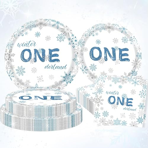 72PCS Winter Onederland 1st Party Decorations Snowflake Plates Napkins | First Birthday Decorations for Winter 1st Birthday Supplies Favors