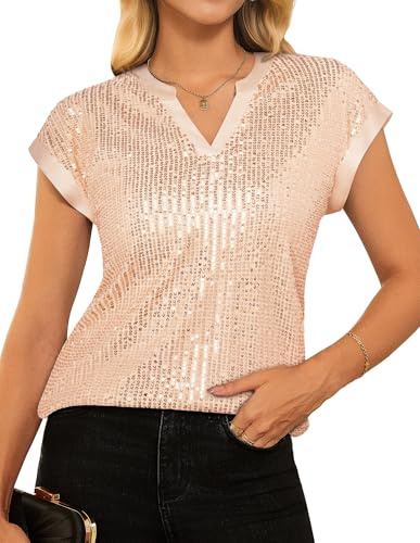 Damen Elegant Pailletten Tops Kurz Cap Ärmel Schimmerndes Cocktail T Shirt XL Aprikose
