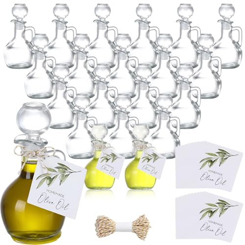 Vesici 20 Set Olive Oil Cruet with Stopper 100ml Glass Oil Dispenser with Labels Cooking Vinegar Bottle with Spout for Kitchen Vinegar Salad Dressing Water Syrup Condiment Container for Kitchen BBQ