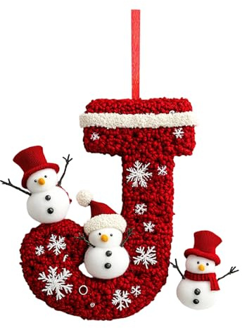 Christmas Letter Ornaments, 26 Letters Christmas Tree Decorations, 2D Acrylic Flat Snowman Design, Red and White, 8.5 cm (J)