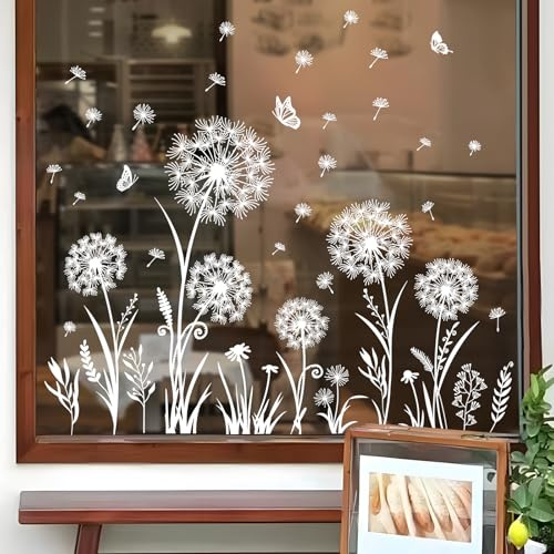 Supzone Fensterbilder Selbstklebend Groß Pusteblume Weiß Fensteraufkleber | Blumen Schmetterlinge Fenstersticker Sommer Frühling Anti-Kollision Vogelschutz Fensterdeko