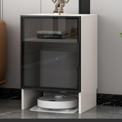 Meuble de Rangement pour Robot Aspirateur avec Portes en Verre Trempé & Roulettes Silencieuses - Organisateur Style Industriel Tech pour Robot Aspirateur, Table d'Appoint pour White with Black Frame