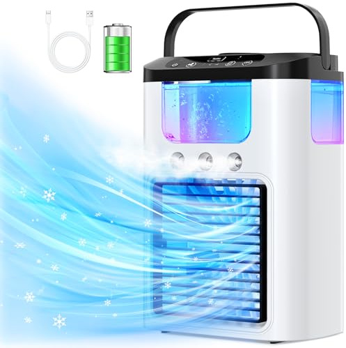 Mini Aire Acondicionado Portátil, Batería de 1200 mAh con Tanque de Agua de 600 ml, Función de Frío y Humidificación, 3 Modos, 7 Colores Luz sin Cable para Hogar Oficina