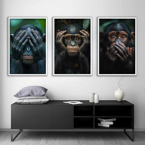 TONGYINLI Set mit 3 Gemälden „Weise Affen“, abstrakte Affen-Leinwanddrucke, Tierporträt-Poster, Wanddekoration für Zimmer und Zuhause (70 x 90 cm x 3/rahmenlos)