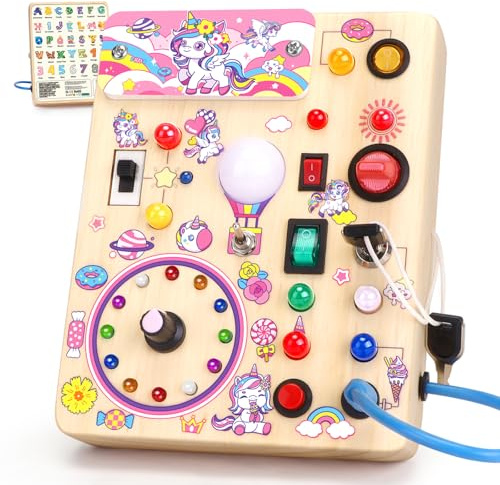 Konijiwa Einhorn Montessori Busy Board Holzspielzeug ab 1 Jahr | Activity Board ab 2 Jahre mit 10 Schaltern & 23 LED-Leuchten | Sensorisches Lernspielzeug für 1-3 Jahre Mädchen