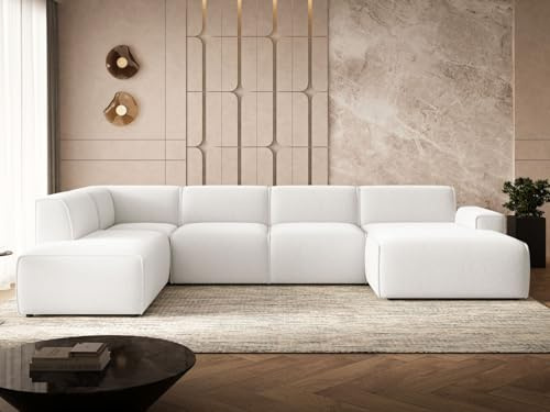 GRAINGOLD Belluno Ecksofa 378x220 cm, U-Form Sofa, Ecksofa für Wohnzimmer, Bouclé Stoff, 5-Sitzer Wohnlandschaft, Modernes Design (Weiß, Links)