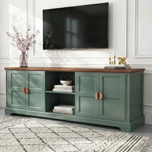 Blisswood TV Unit, 170cm Large TV Stand Cabinet for 55–80 Inch TVs, Modern TV unit with Storage Cupboards & Open Shelf, Oak Effect Top & Gold Handles, Entertainment Console Table for Living Room_Green