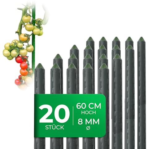 Novatool 20 Stück kleine Pflanzstäbe 60cm grün 8mm stabil Metallrohr kunststoffummantelt Rankstäbe für Pflanzen Rankhilfe Gurken Tomatenstäbe für Kletterpflanzen Rankstab Pflanzstab 60 cm
