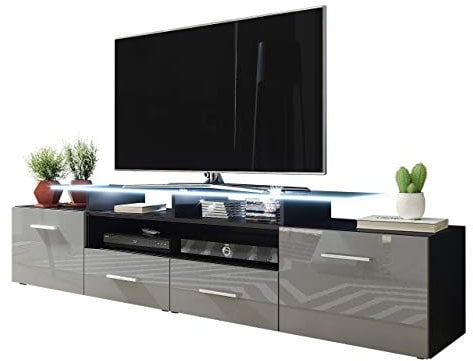 Mirjan24 TV Schrank Agnes, TV Lowboard mit 2 Türen und 2 Schubladen, fronten in Hochglanz, TV-Bank Fernsehschrank, Sideboard Tisch (schwarz/grau Hochglanz, mit weißer LED Beleuchtung)