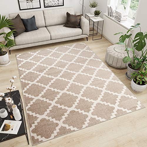 TAPISO MAROKO Teppich Kurzflor Modern Wohnzimmer Schlafzimmer Geometrisch Marokkanisch Karo Gitter Beige Creme Esszimmer ÖKOTEX 60 x 100 cm