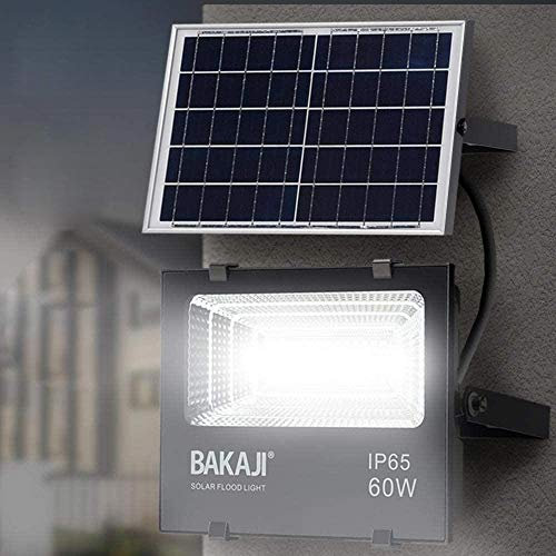 Lampe LED d'extérieur 60W avec panneau solaire ultra-lumineuse blanche 6000K 600 lm phare avec fonction minuterie télécommandée et capteur crépusculaire projecteurs économie d'énergie IP65 (60W)