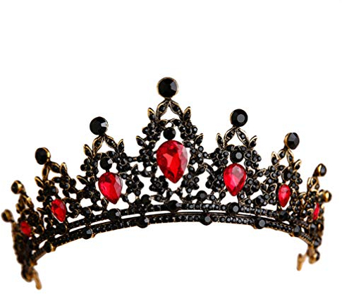 Minkissy Schwarze Krone mit Rot Kristall:Gothic Kronen für Frauen, Prinzessinnen & Königin Hochzeits-Tiara, Kopfschmuck für Halloween Kostüme, Braut Accessoires, Party Dekoration