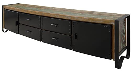 MASSIVMOEBEL24.DE | Industrial TV-Board aus Massivholz #106 | aus Altholz mit Eisen - Mehrfarbig, lackiert | 208x43x55 cm | 4 Schubladen & 2 Türen | Lowboard