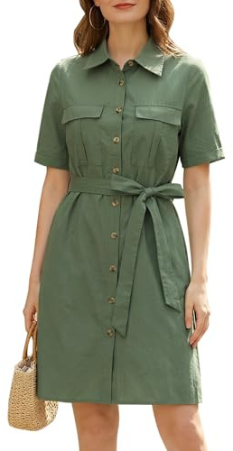 Allegra K Robe de safari d'été en coton à manches courtes avec ceinture boutonnée pour femme