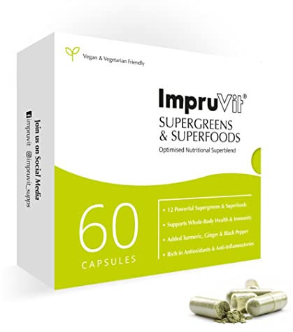 IMPRUVIT SUPERGREENS & SUPERFOOD CAPS 60 Vegan Capsules with Spirulina Turmeric Ginger Root Black Pepper Maca Root. Plant Based Antioxidant Anti-Inflammatory That Supports Whole Body Health & Immunity