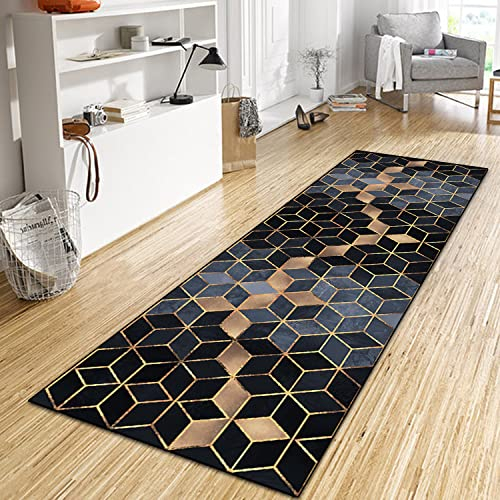 WTHYGB Teppich Läufer Flur Küche 40x60 cm, Modern rutschfest Waschbar Dauerhaft Küchenläufer Flurläufer, Lang Polyester Blau Schwarz Teppichläufer für Korridor, Schlafzimmer, Innen Wohnzimmer