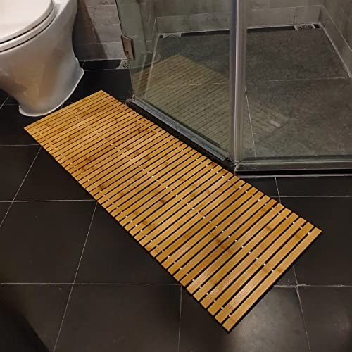 HJJKKH Badematte, Holz-Badematte, Rayon aus Bambus, 120,1 x 39,9 cm, rollbare, rutschfeste Bodenmatte, Holz-Duschmatte für Badezimmer, Badewanne, Spa, Sauna, Whirlpool und Außenbereich
