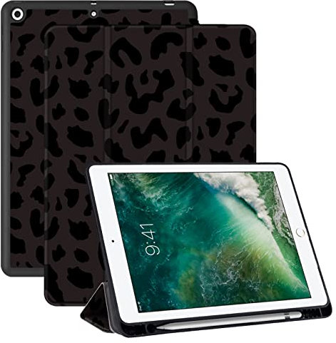 Deokke Kompatibel mit iPad 10.2 Zoll Hülle, 9.,7. Generation Hülle (2021/2020/2019) mit Stifthalter und weicher TPU-Rückseite, automatische Sleep/Wake-Abdeckung (schwarzer Leoparden-Geparden-Druck)