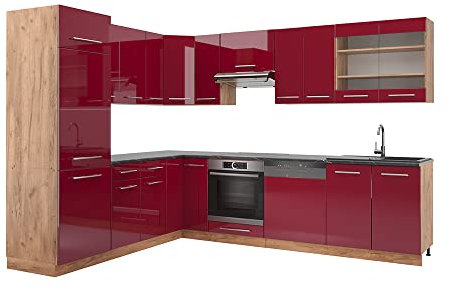 Vicco Eckküche Fame-Line, Bordeaux Hochglanz/Goldkraft Eiche/Goldkraft Eiche, 227 x 287 cm ohne Arbeitsplatte