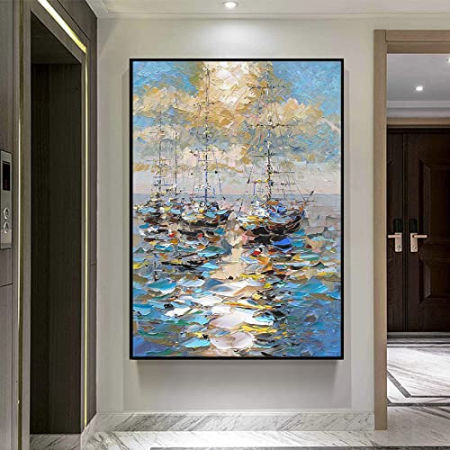 Ölbilder Auf Leinwand Handgemalt,Extra Großes 100% Handgezeichnetes Strukturiertes Kunstwerk, Abstraktes Segelboot Ungerahmtes Acrylgemälde, Pop Coole Gemälde Kunstwand Wohnzimmer Schlafzimmer Ga