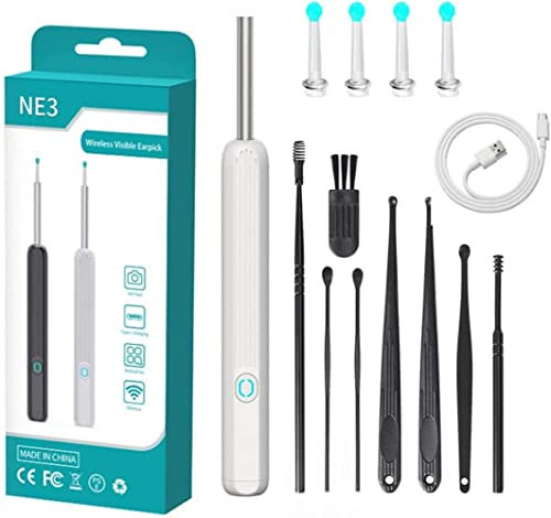 Ear Wax Removal, Ear Cleaner with Camera, USB 1080p Hd Load Otoscope, Smart Wi -Fi Visible Wax Elimination Spoon, Visible Luminous Ear Pick, Ear Wax Removal Kit for Phones (White+8PCs Ear Wax Spoon)