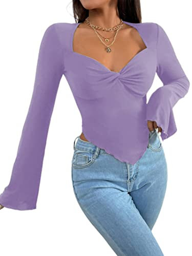 Avanova Camicia asimmetrica da donna con scollo quadrato a maniche lunghe, Viola, M