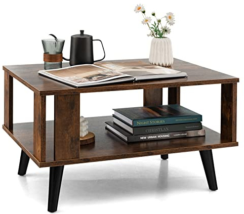 COSTWAY Table Basse à 2 Niveaux Carrée avec Patins Antidérapants | 4 Jambes Stables, 70 x 50 x 41 cm, pour Salon Chambre, Marron Rustique