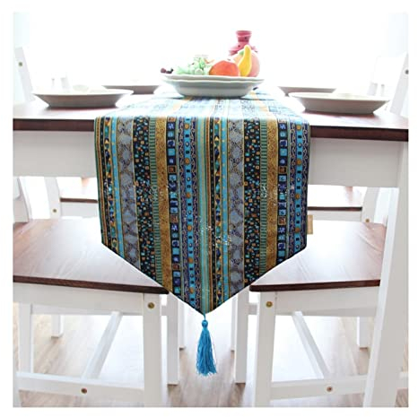 Epinki Tischläufer Frühling, 30x200 cm Baumwolle Leinen Tischläufer Sommer Geometrisch Streifen, Tischkollektion für Hochzeit Zuhause Bauernhaus Modern Tabletop Dekor, Blau