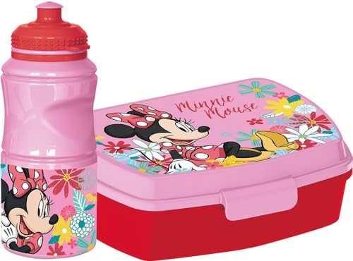 Disney Set borraccia da 380 ml e Sandwich Box rosa per bambini in plastica Minnie con banda antiscivolo e chiusura di sicurezza