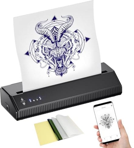 BIOMASER Kabelloser Thermodrucker Tattoo-Drucker Tattoo-Schablonendrucker (Geeignet für iOS und Android) A4 Bluetooth-Format Verbinden Sie Sich mit dem Smartphone, mit 10 Stück Tätowierpapier