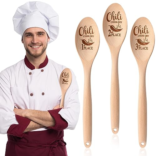 Soaoo Chili Cook Off Trophy Wooden Spoon 3 Pcs Chili Engraved Cooking Spoon Serving Spoon Chili Contest Wood Spoon Prize for 1st 2nd 3rd Cooking Competition Award (Carved at Spoon Surface)