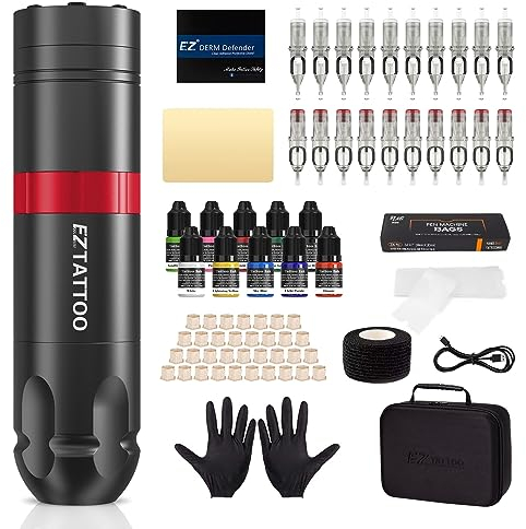 EZ Tattoo Maschinen Set - Tattoo Set Komplett mit Rotations Tattoo Maschine, 1500mAh Akku Stromversorgung, 20 Stück Tattoo Nadeln und 10 Farben Tinten für Tattoo Anfänger und Künstler (Caster S Rot)