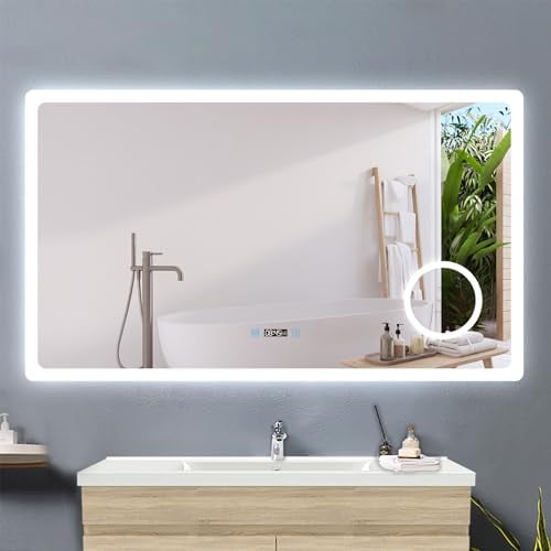 Acezanble Badspiegel mit Beleuchtung 160x80cm,LED Spiegel mit Uhr Touch Beschlagfrei 3-Fach Schminkspiegel,Badspiegel 3 Lichtfarbe Dimmbar mit Memory,Energiesparend Wandspiegel Lichtspiegel
