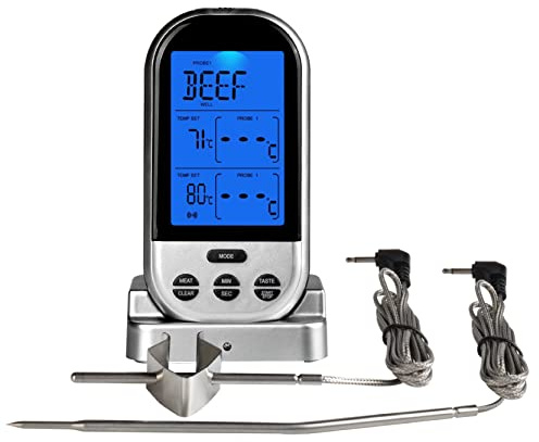 NInE-ROnG Drahtloses digitales Fleischthermometer Küchentimer mit zwei Sonden Kochthermometer für Rindfleisch Smoker Ofen Grill BBQ (silber)