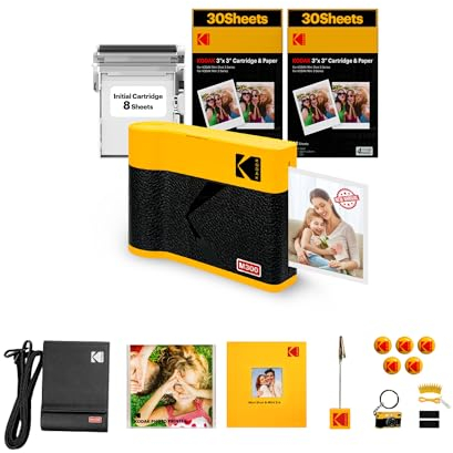 KODAK Mini 3 ERA 4PASS Impresora de Fotos Portátil (7,6x7,6cm) (Impresora + Pack de Regalo con 68 Hojas (8 Hojas Iniciales + 60 Hojas), Amarillo)