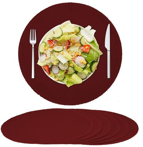 Rinpon Set di 8 tovagliette rotonde in tessuto, in lino rustico, lavabili in lavatrice, resistenti al calore, resistenti alle pieghe, in poliestere spesso, per tavolo da pranzo (borgogna)