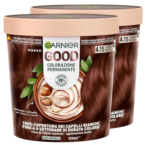 Garnier Good Coloración Permanente 4.15 Castaño Marrón Glace Tinte para Cabello Hasta 8 Semanas Color Brillante y Luminoso Cubre el 100% de las Canas Fórmula Vegana sin Amoniaco - 2 Paquetes