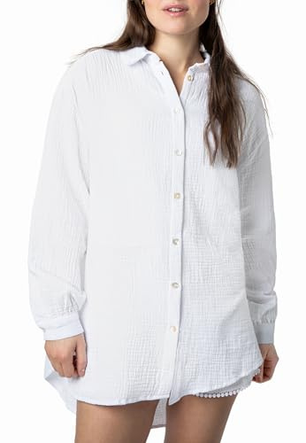 Sublevel Langarm Musselin Bluse mit Kentkragen - Damen Muselin Oversize Bluse, Baumwolle, Knopfleiste in verschienden Farben White L/XL