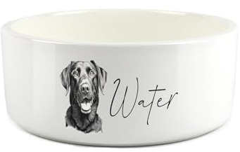 Black Labrador Pet Bowl - Black & White Portrait Large Ceramic Water Bowl - White Water Dish For Dogs