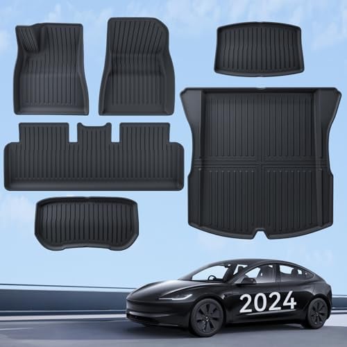 LANTU Fußmatten 6 Pcs für Tesla Model 3 2024-2025 Allwetter 3D Hoher Rand rutschfest Wasserdicht TPE Kofferraummatte 3-lagiges Design für Tesla Model 3 Highland Zubehör
