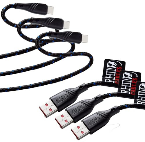 rhinocables USB to USB C Cable - Braided Male to Male USB C Sync & Charge Cable for Efficient Charging and File Transfer – 3 PACK (5m)