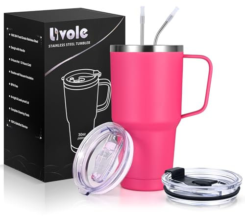 Livole 30oz 900ml Travel Tumbler with Handle, Insulated Vacuum Travel Coffee Mug, Stainless Steel Water Bottle Flask, Double Walled Leakproof Thermal Mug for Camping, Sports, Office, Home, Rose Red