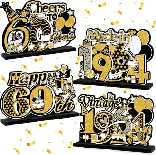 4pcs 60 Geburtstag Deko,Tischdeko Geburtstag,Geburtstagsdeko Tisch,Deko 60 Geburtstag Mann Mann Frau Freunde Geschenke Zum Geburtstag Holz-Schild GäStebuch JubiläUm Holz Tisch Party ZubehöR(60)
