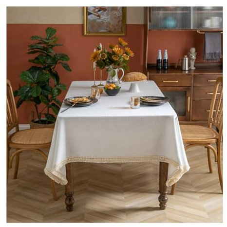 BCughia Tischdecke 90x90 Weiß, Tischdecke Innenbereich Wasserabweisend Quadratisch Polyester Einfarbig mit Quasten Tischbedeckung für Küche Esstisch Dekoration
