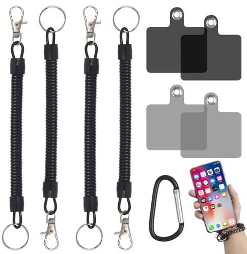 4 Pack Handyband mit Karabiner mit 4 Patches und 1 PCS schwarz Karabiner-Clip, Lanyard Handy Anti-Diebstahl-Telefon-Band mit Karabiner Anti-Drop Outdoor Skifahren Wandern Radfahren Angeln