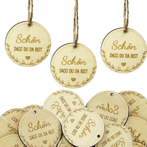 FloralGrace 30 Stücke Holz Geschenkanhänger Holzscheiben Holzdeko Streudeko Holzanhänger 4cm Rund Vintage Etiketten Tags Für Hochzeitsdeko DIY (Schön DASS DU DA BIST)